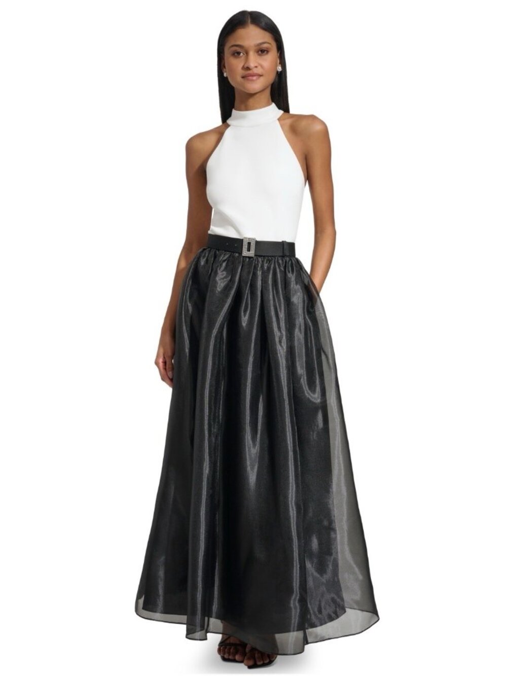 Karl Lagerfeld Paris Size 4 Black White Belted Halter Cocktail Gown Dress